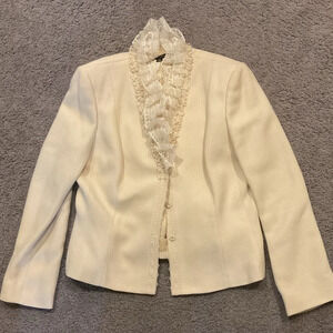 Nipon Boutique Vintage Cream Ruffle Lace Twill Blazer Riding Jacket Coat Y2K 12